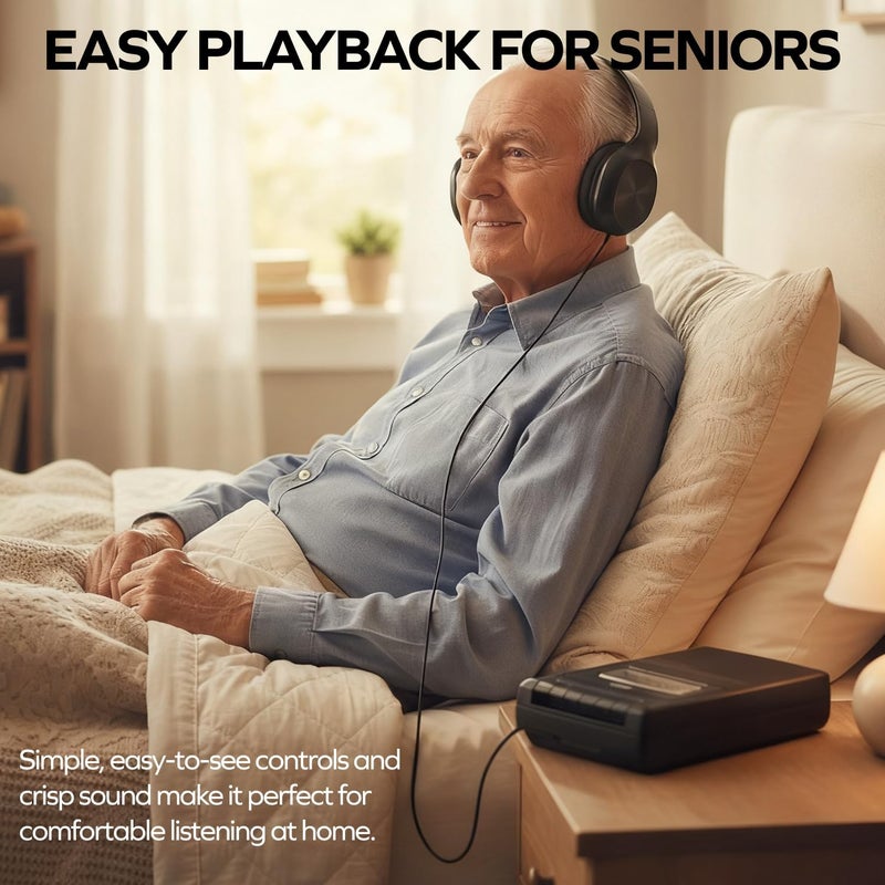 COBY Portable Cassette Player & Recorder with Over-Ear Headphones, Built-in Microphone, One-Touch Recording, Automatic Stop, Carry Handle – Tape Playback & Voice Recording - Image 2